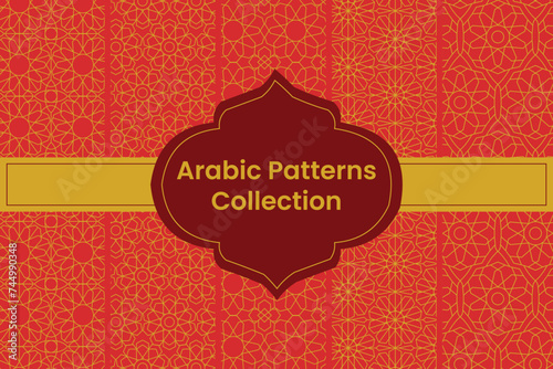 Set of Golden Arabic Patterns on Red Background, Vector