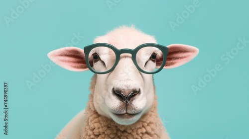 Funny sheep wearing sunglasses on blue pastel color background. © krung99