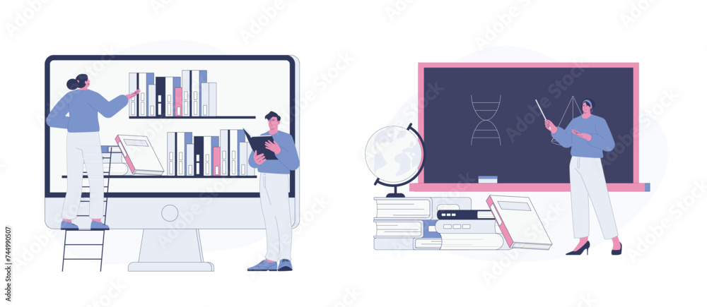 Digital Reading and Classroom Teaching. Flat Cartoon Vector Illustration. Vector illustration, suitable for web landing page, ui, mobile app. Digital Reading and Classroom Teaching. Flat Cartoon Vector Illustration. Vector illustration, suitable for web landing page, ui, mobile app.