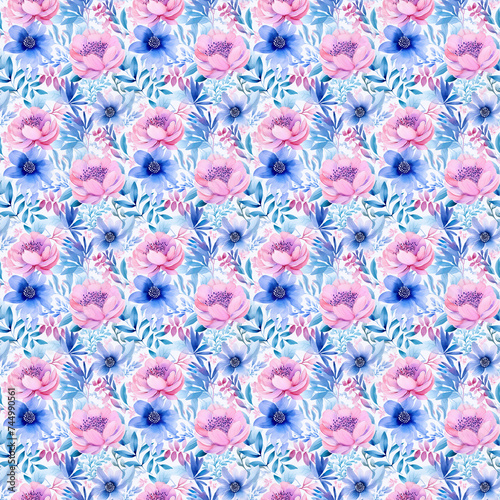 Blue and Pink Watercolor Floral Design. A Seamless Pattern for Creative Applications