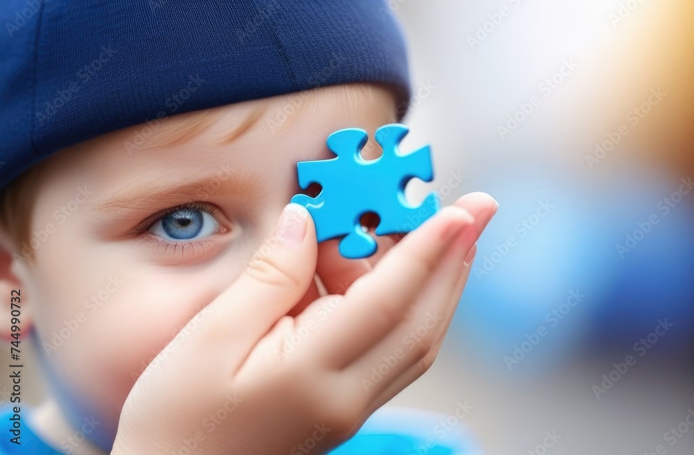 European view boy covering his face with a jigsaw puzzle,child holding a colorful jigsaw puzzle in his hand,World Autism Awareness Day April 2