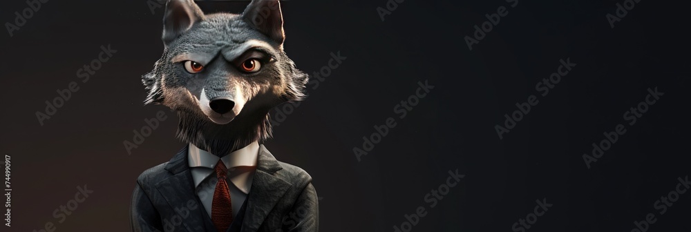 Wolf wearing a suit and tie in modern 3D animation style Wolf wearing a suit and tie in modern 3D animation style