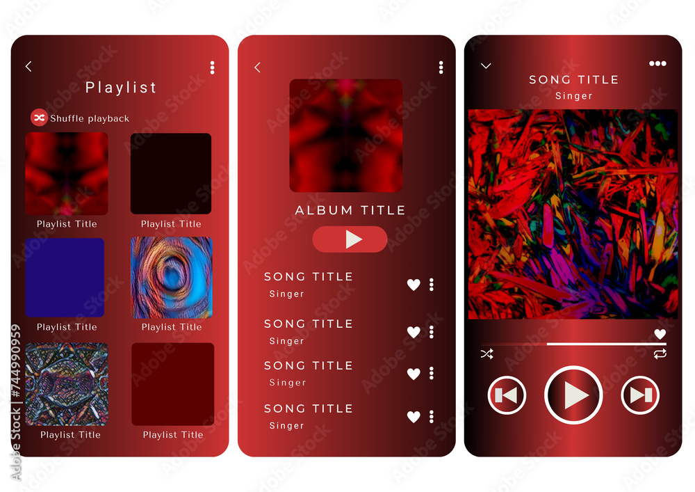 Mockup template for music player and display application charts for the most popular songs. Music playlist Template with dark red two-tone gradation theme and white background - obrazy, fototapety, plakaty 