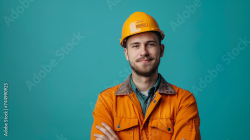 Confident young worker in an orange safety jacket and a yellow hard hat standing with arms crossed against a blue background, looking at the camera with a slight smile.