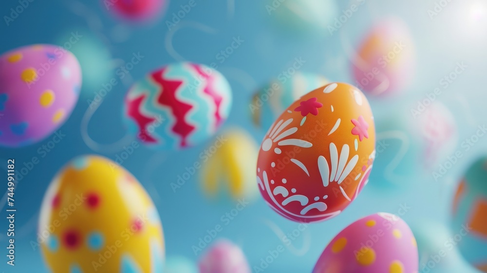 Vibrant 3D Easter eggs composition against a blue backdrop with flying eggs.