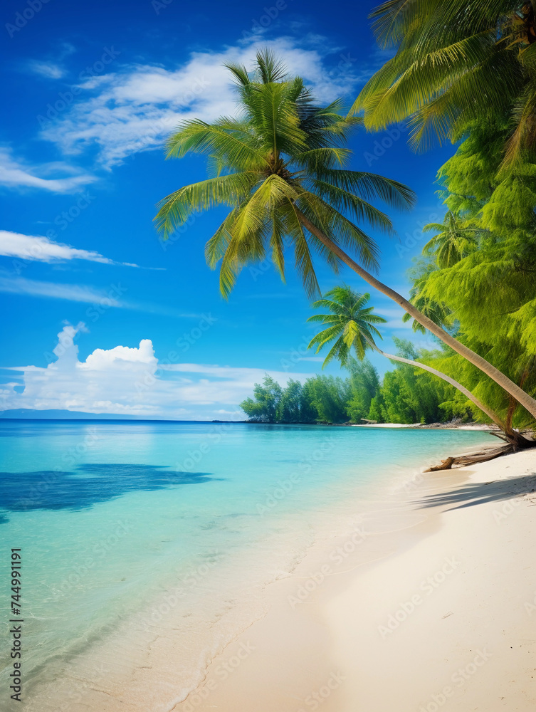 A beautiful exotic beach with palm trees, white sand and blue water. 