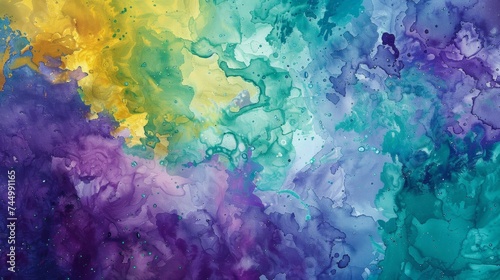 A vibrant abstract watercolor painting featuring a dynamic blend of cool and warm hues with a fluid, organic pattern. 