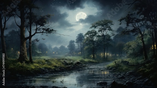 contemplative rain sky scene, accentuated by the subtle and gentle light of a misty night, evoking a sense of tranquility in the midst of rainfall © Tina