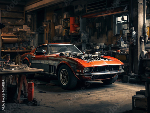 A beautiful car standing in a car repair shop with the hood open 