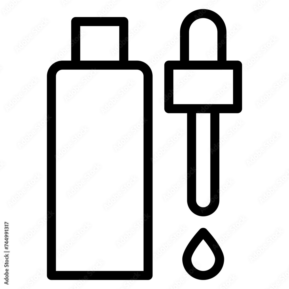 Dropper bottle with serum or oil, linear icon. Cosmetic product in vial with pipette. Dropper bottle with serum or oil, linear icon. Cosmetic product in vial with pipette.