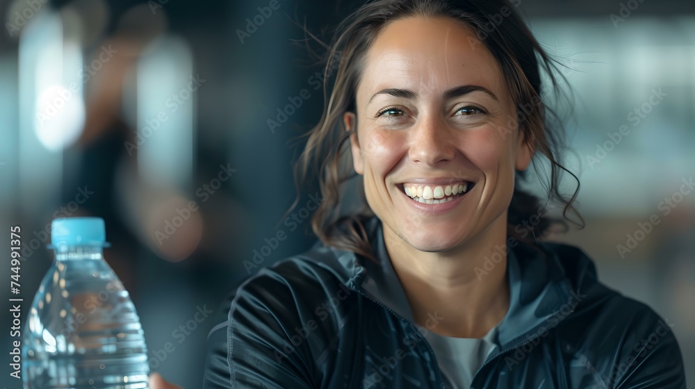 © Irina Ukrainets - Smiling woman resting at gym with water bottle, casual fitness lifestyle portrait, joyful break concept. AI © Irina Ukrainets - Smiling woman resting at gym with water bottle, casual fitness lifestyle portrait, joyful break concept. AI