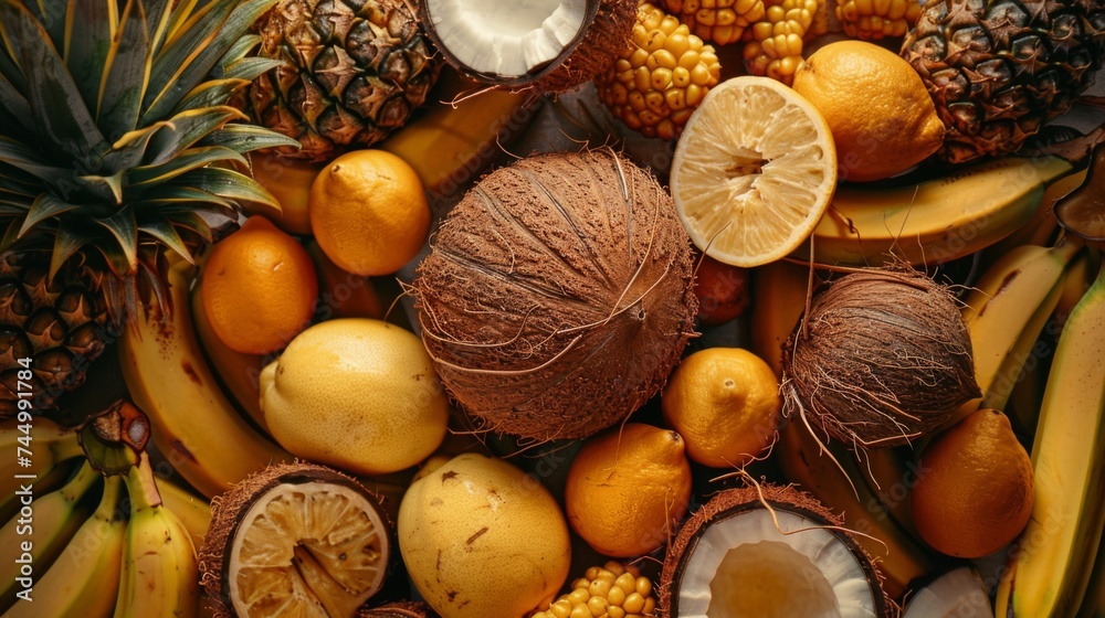 A pile of fruit including bananas, pineapples, lemons, and pineapples