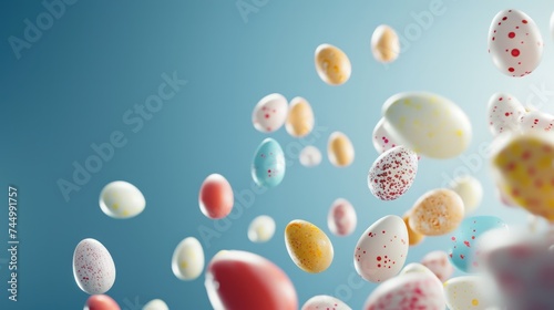 Dynamic display of 3D Easter eggs against bright blue background with flying eggs and copy space.