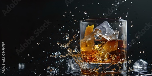 Whiskey with ice splashing in a glass, elegant drink on dark background. dynamic beverage photography capturing movement. ideal for bar and luxury themes. AI