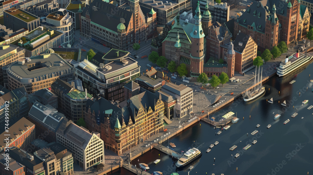 Obraz premium Hanseatic Horizon: 3D Cityscape. Generative AI