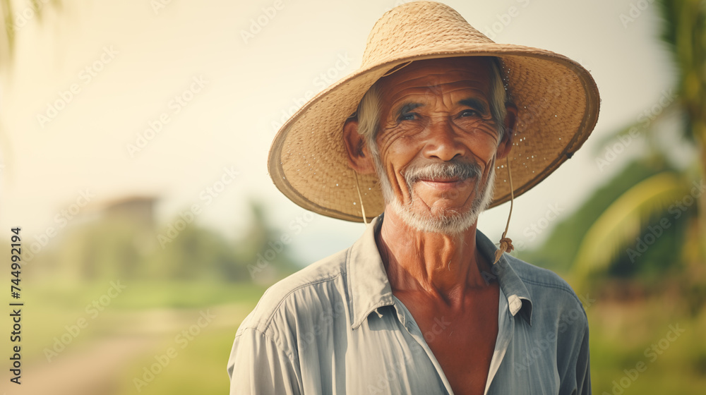An old farmer wearing an old straw hat Have a happy smiling face on the rice field background