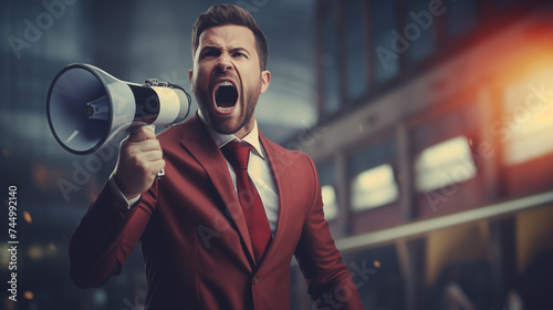 Businessman shouting dissatisfaction or anger through a megaphone
