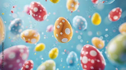 3D Easter eggs artfully arranged against blue backdrop, accompanied by flying eggs and copy space.