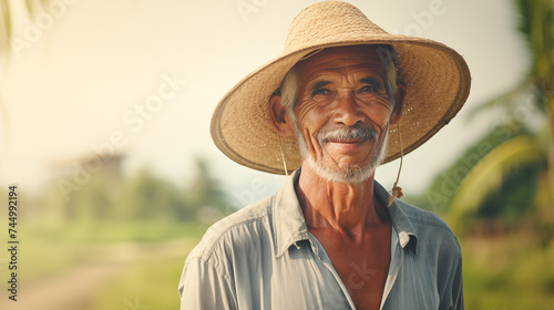 An old farmer wearing an old straw hat Have a happy smiling face on the rice field background