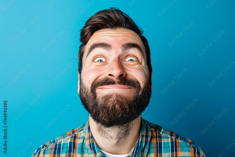 Obraz premium A man with raised eyebrows and a smile trying to hold back laughter on a blue background