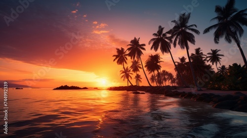 Amazing sunset on a tropical beach with palm trees. © Nikolay