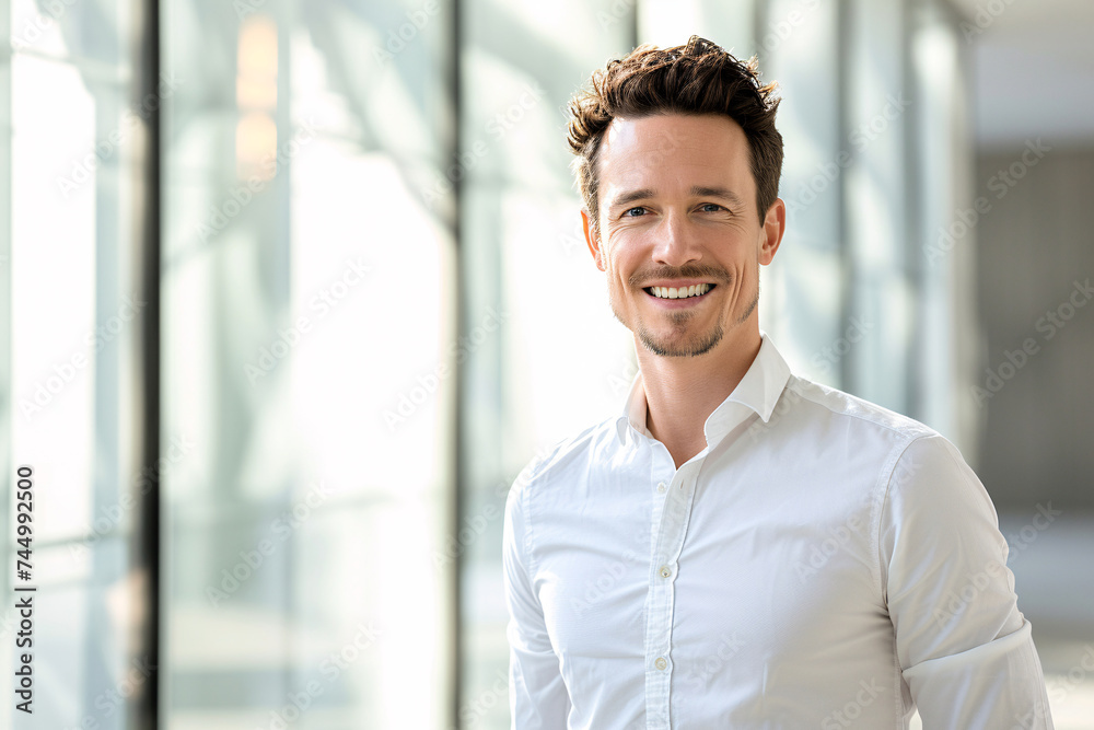 portrait of a handsome businessman in a casual white shirt in front of a bright glass facade portrait of a handsome businessman in a casual white shirt in front of a bright glass facade