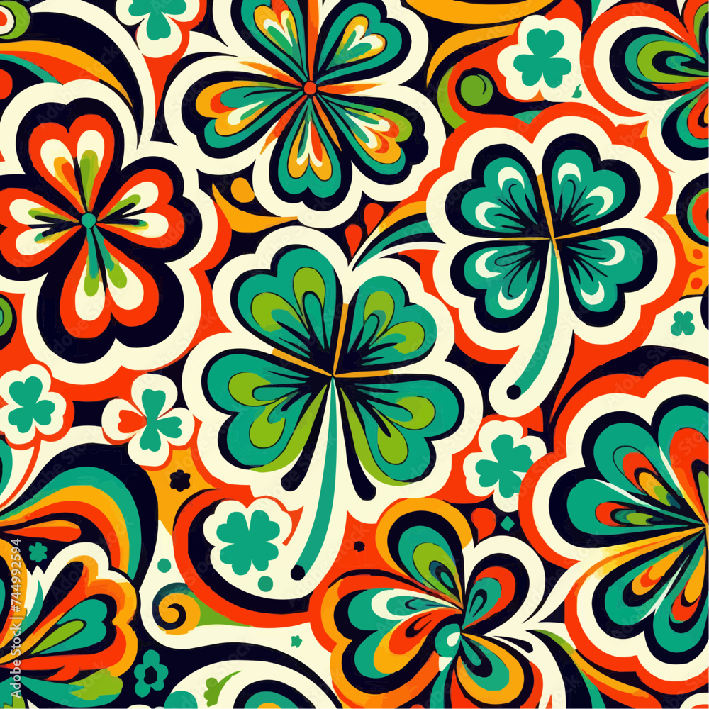 Retro multicoloured lucky four leaf shamrock clover St Patrick traditional symbol vector seamless pattern. Groovy Saint Patricks Day background