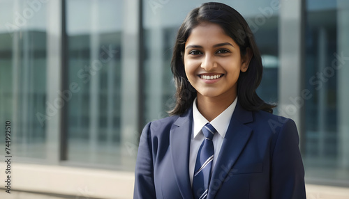 25 year old Indian woman with black hair wearing a navy blue suit and tie smiling with blur background of a building with glass windows