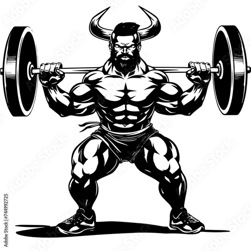 Muscle bull man bodybuilder holding a large barbell with big weights