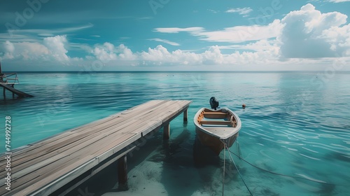 Serene tropical pier with single boat on clear blue water. tranquil scene for travel and relaxation. perfect vacation destination. AI © Irina Ukrainets