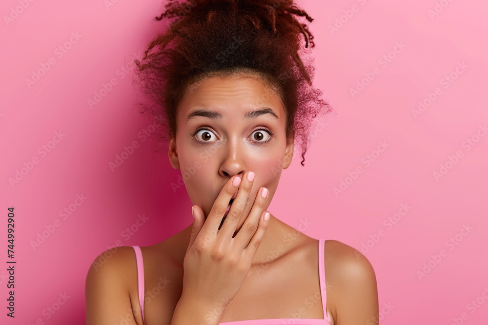 A woman with her mouth open and her hand over her lips on a pink background. A woman with her mouth open and her hand over her lips on a pink background.