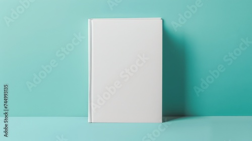 A blank hardcover book mockup standing against a light blue and green background, perfect for showcasing designs or illustrations photo