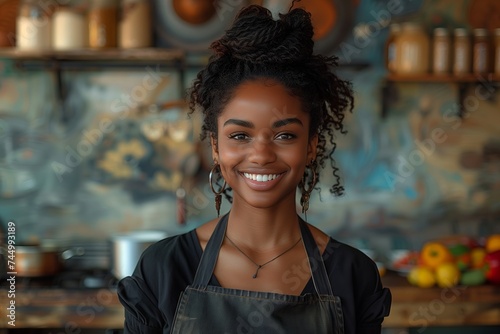 A woman with black hair and an apron is happily smiling in an electric blue kitchen. The fun atmosphere and flash photography create a beautiful portrait