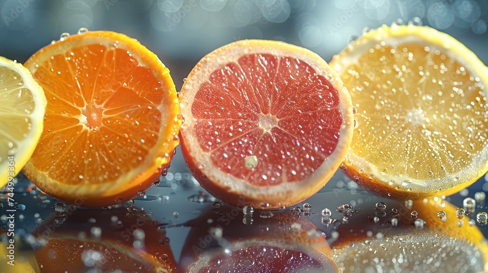 Citrus fruits on glass, close-up with reflections, showcasing vibrant colors and juicy freshness Citrus fruits on glass, close-up with reflections, showcasing vibrant colors and juicy freshness