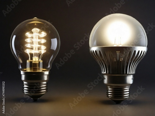 Creative idea old electric light bulb vs new LED light bulb, energy saving bulbs, white lights, new technology.