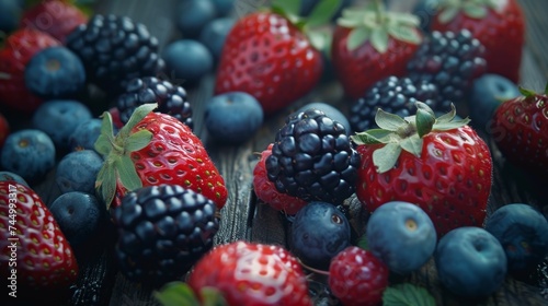 Assorted berries on dark wood, close-up of juicy strawberries, blackberries, with soft, moody lighting