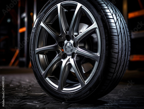 A new tire mounted on an aluminum rim on a dark background, a very close view  © Business Pics