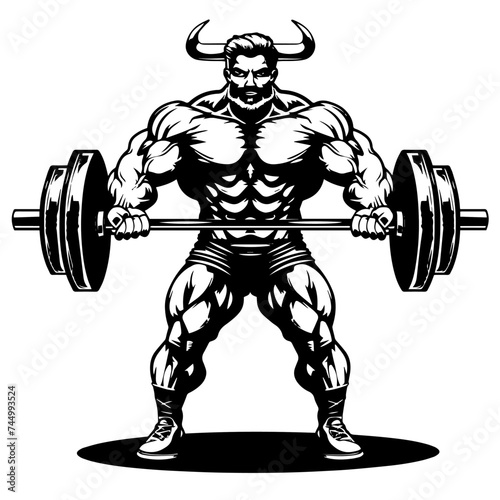 Muscle bull man bodybuilder holding a large barbell with big weights