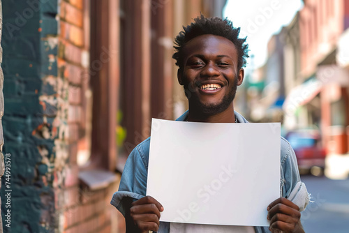 man with a white sign in his hands, with a smile on his face and a gaze directed forward
