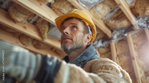 Construction worker installation ceiling into wall of new house