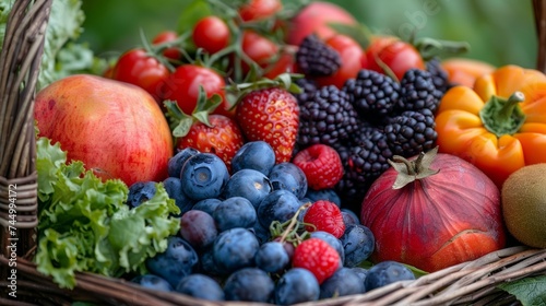 Macro of a mixed basket of fruits and vegetables  close-up on the intricate details of natures bounty 