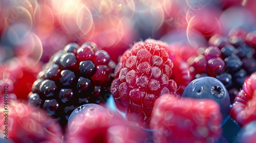 Macro of berry textures, close-up on the intricate details of raspberry, blackberry surfaces, depth of field  photo