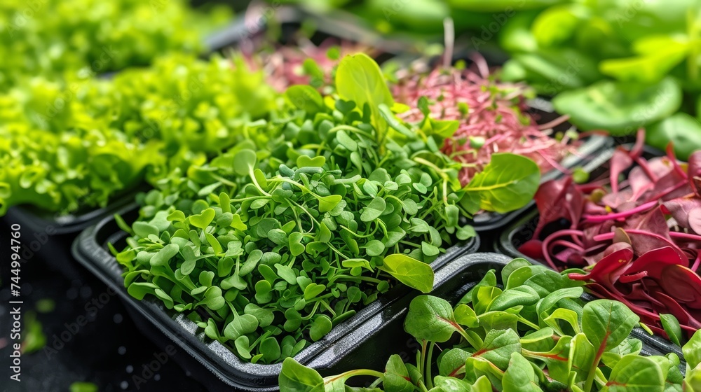 Sunlit mixed greens, a close-up of crisp lettuce, Swiss chard, and microgreens, farm to table freshness - obrazy, fototapety, plakaty 