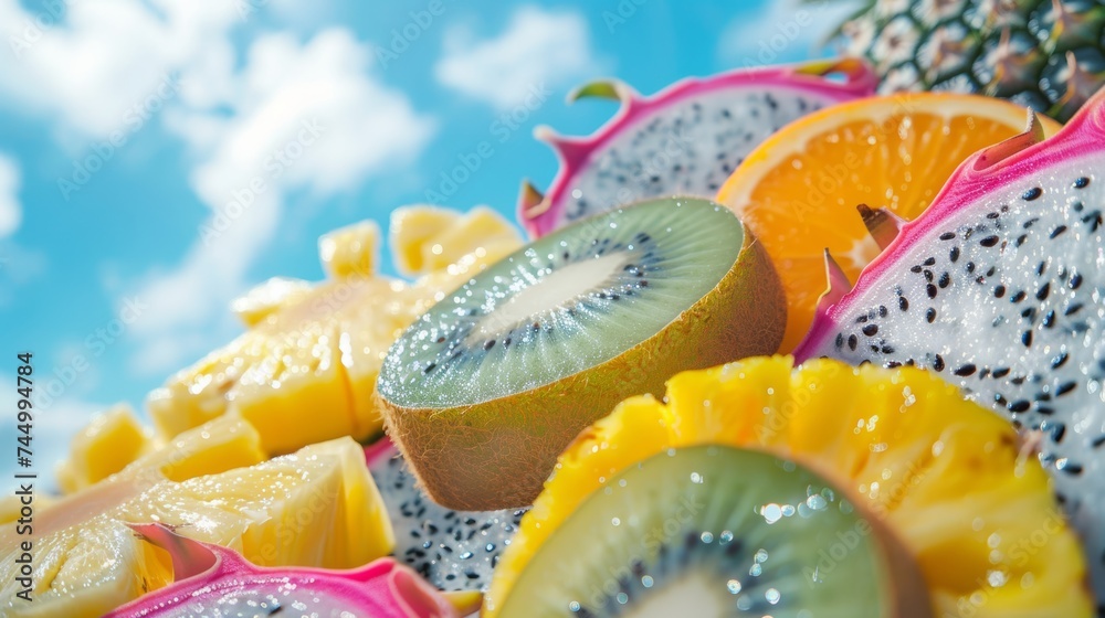Tropical fruit slices against blue sky, close-up of kiwi, pineapple, and dragon fruit, refreshing summer feel