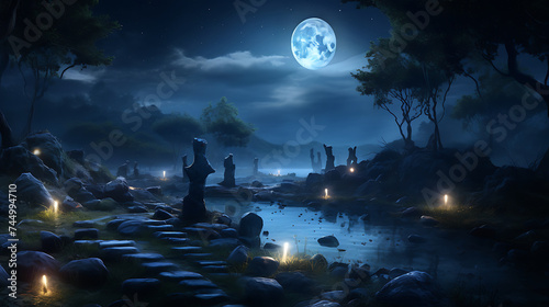 Show a scene of stones under the moonlight, creating a mystical ambiance.