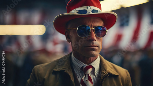 Proud to be an American. An average Republican supporter attends a rally. A middle-aged man in sunglasses and shabby clothes stands in a vast hall with the flags of the USA hung all over the place.