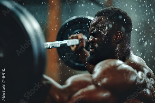 A man lifting weights at the gym  with sweat glistening on his forehead