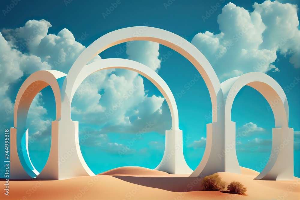 Surreal desert landscape with white arch constructions and white clouds in the blue sky.