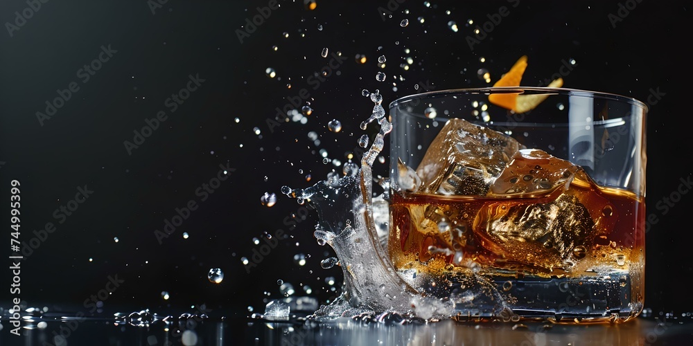 Dynamic whiskey splash in glass on dark background, capturing the movement. close-up, freeze motion, perfect for advertisements. AI