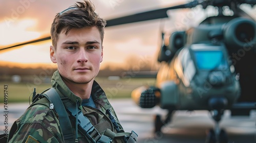 Confident young military man in front of helicopter at sunset. portrait in camouflage. professional and ready. modern soldier. AI photo
